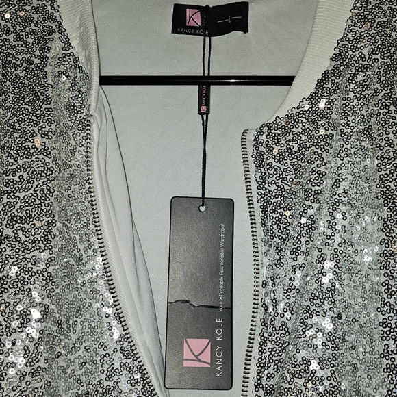 KANCY KOLE Silver Sequin Casual Long Sleeve Party Bomber Jacket Size Large NWT!! - Picture 6 of 7